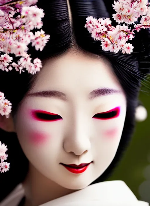 Image similar to Beautiful Japanese geisha close up portrait shot, 1920s geisha, Japanese, young woman, half body photo, upper body, traditional geisha clothing, geisha makeup, geisha hairstyle, hyper realistic, 8k detail, trending, professional photography, cherry blossom background