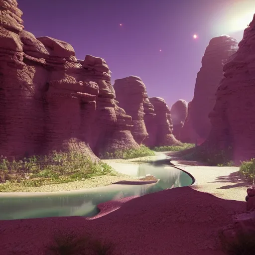 Image similar to scifi utopian futuristic rainforest river city in the negev desert. Cinematic. Beautiful. Epic framing. 8k