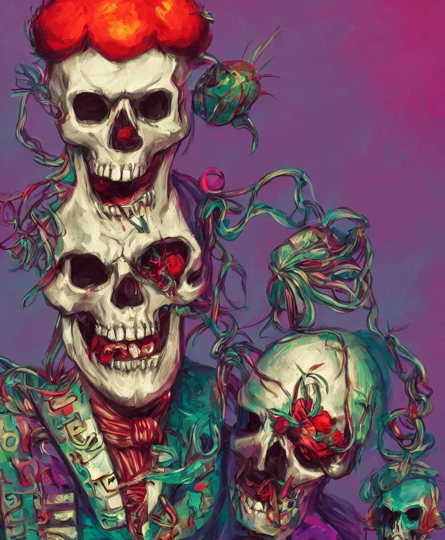 Image similar to skull clown, circus, artstation, concept art, illustration, colorful