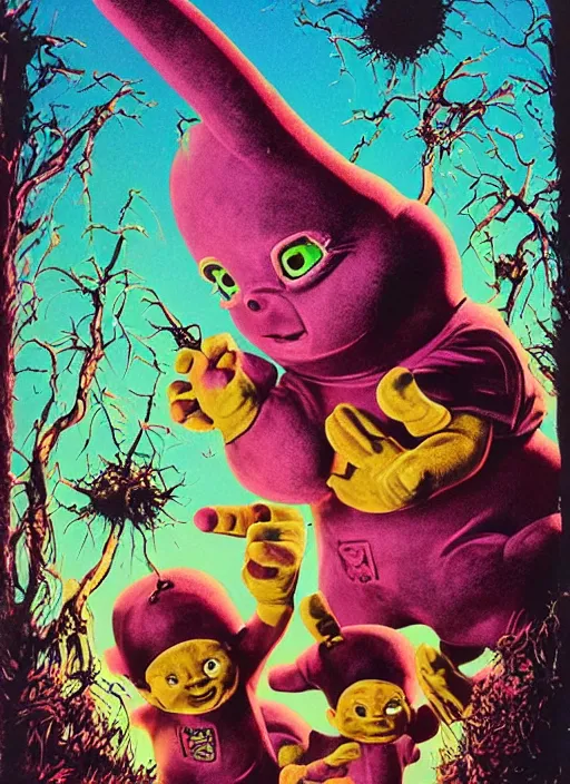 Image similar to disgusting teletubbies horror movie poster, grotesque, scary, high details, intricately detailed, by vincent di fate, artgerm julie bell beeple, inking, 1990s, vintage 90s print, screen print