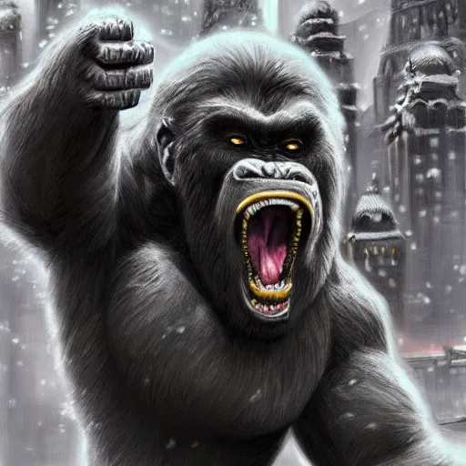 Image similar to angry and aggressive king kong in winter moscow, digital painting, very detailed, art by artgerm