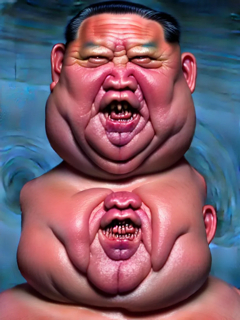 Prompt: hyperrealistic rendering, fat smooth cronenberg flesh monster kim jong - un by donato giancola and greg rutkowski and wayne barlow and zdzisław beksinski, product photography, action figure, sofubi, studio lighting, colored gels, colored background