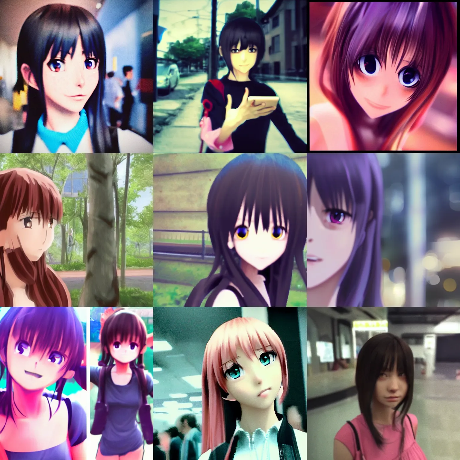 Prompt: grainy nokia mobile phone footage of an anime girl seen in real life, found footage photo, jpeg, uncanny valley