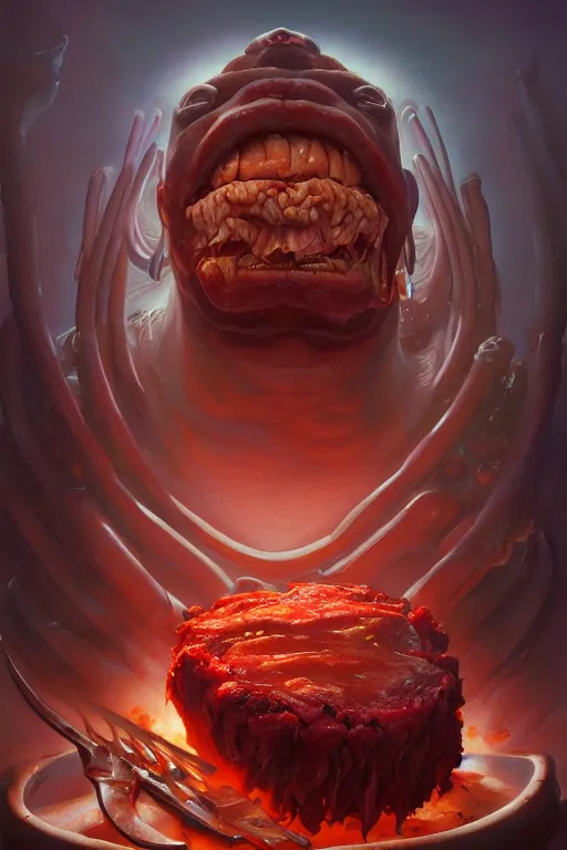 Image similar to meatloaf inside a meat loaf, hyper detailed, digital art, artstation, cinematic lighting, studio quality, smooth render, by peter mohrbacher, hajime sorayama, wayne barlowe, boris vallejo, aaron horkey, gaston bussiere, craig mullins, caravaggio