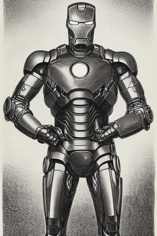 Prompt: portrait of iron man, Gustave Dore lithography