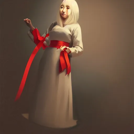 Prompt: Portrait of a japanese young lady with a long white!!!!!!! long white hair (and a red ribbon), Rim Lighting, Lantern, by Sergey Kolesov