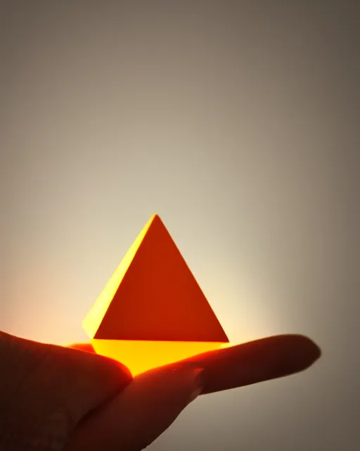 Prompt: a tiny glowing orange pyramid floating above an open hand facing up