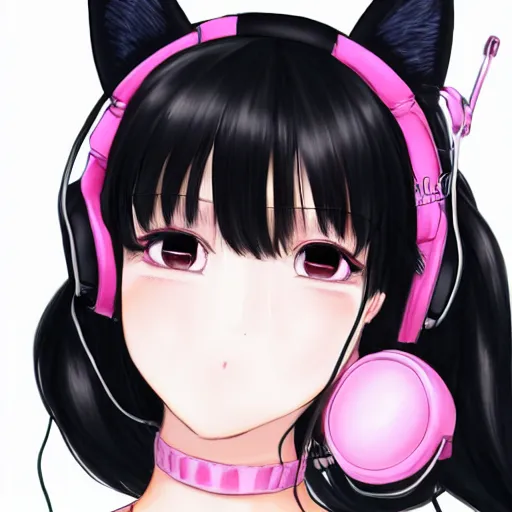 Image similar to realistic beautiful gorgeous buxom natural cute blushed shy girl Blackpink Lalisa Manoban black hair cute fur black cat ears, wearing white camisole, headphones, black leather choker artwork drawn full HD 4K highest quality in artstyle by professional artists WLOP, Taejune Kim, Guweiz, Aztodio on Pixiv Instagram Artstation