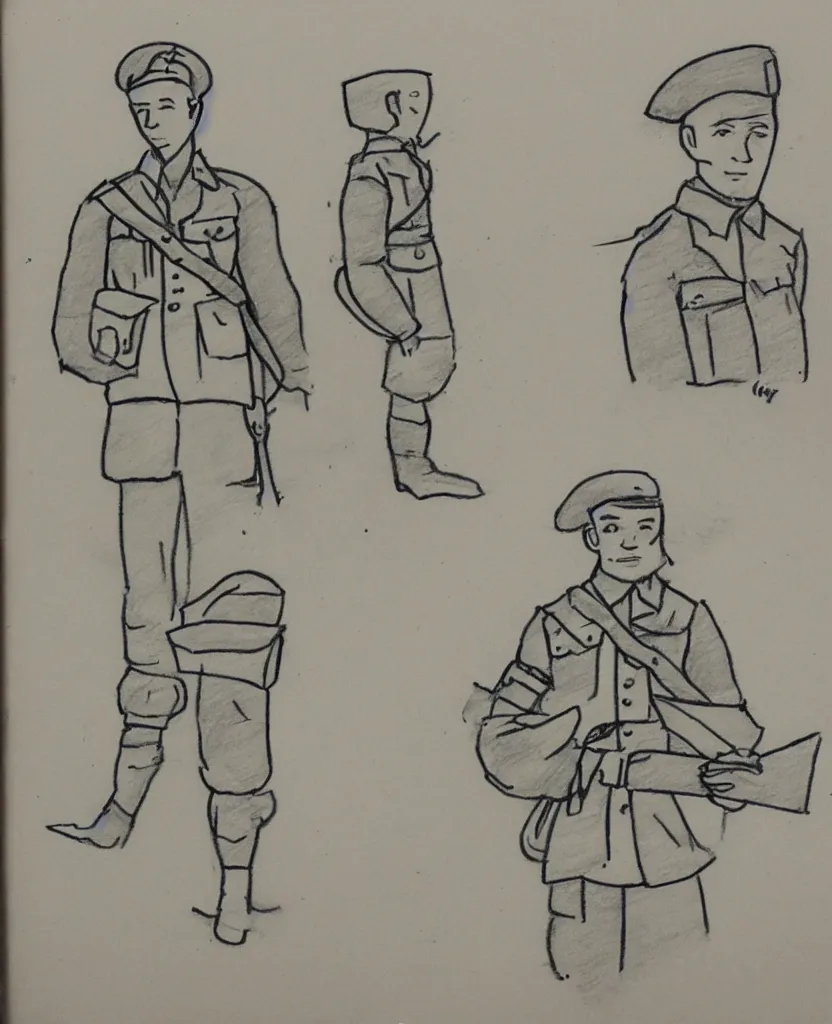 Image similar to sketchbook pages, stil frames of a drawing of a soldier from wwii writing a letter to home, stop motion, minimal, black and wite