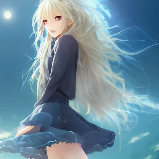 Image similar to a very beautiful anime cute girl, full body, long wavy blond hair, sky blue eyes, full round face, short smile, fancy top, miniskirt, front view, summer lake setting, cinematic lightning, medium shot, mid-shot, highly detailed, cinematic wallpaper by Stanley Artgerm Lau