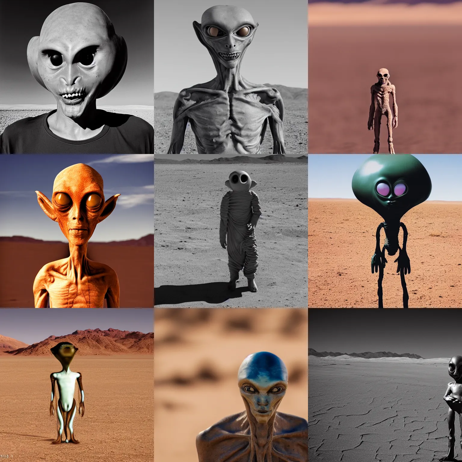 Prompt: Portrait of an alien in a desert, area 51, realistic photo, Sigma 200mm