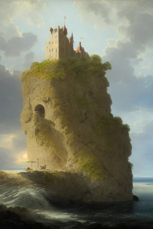 Prompt: an old castle on a seaside cliff by andreas achenbach and peder balke and martin johnson heade sharp digital painting. dreaming latent space. matte painting, concept art. artstation. digital render. hdr, high dynamic range, global illumination, realistic, 8 k, white balanced