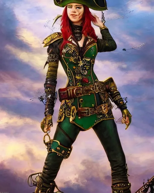 Prompt: a beautiful young female steampunk pirate wearing leather armor on gold and red trimmings on green, very cool pose, pirate ship with an epic sky background, slightly smiling Charlie Bowater Annie Leibovitz, zhuoxin ye, cinematic lighting and composition, fantasy painting, very detailed, ornate, 8k trending on artstation and pinterest, deviantart, google images