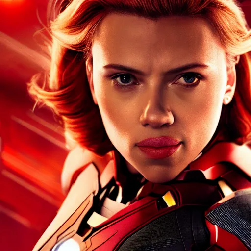 Image similar to Movie still of Scarlett Johansson in an Iron Man suit, bluray 4k cinematic