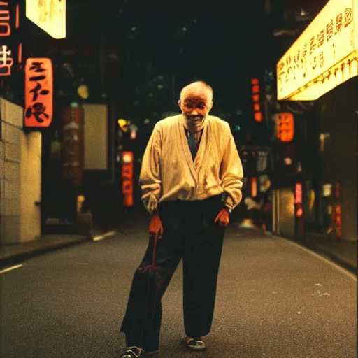 Image similar to old man in tokyo at night, wearing gold chain, gold rings, cinestill 8 0 0,