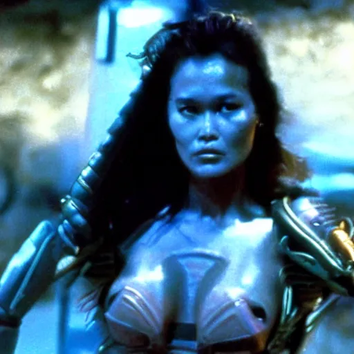 Prompt: movie still, 1 9 8 0 s, tia carrere as armored alien hunter, hyperdetailed, by ridley scott and john carpenter, blue leds