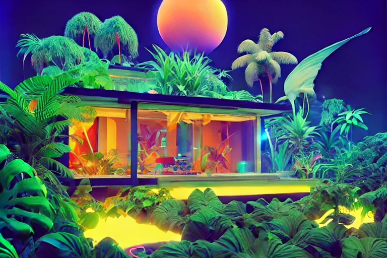 Image similar to a luminescent tropical cottage by paolo eleuteri serpieri and tomer hanuka and chesley bonestell and daniel merriam and tomokazu matsuyama, unreal engine, high resolution render, featured on artstation, octane, 8 k, highly intricate details, vivid colors, vector illustration