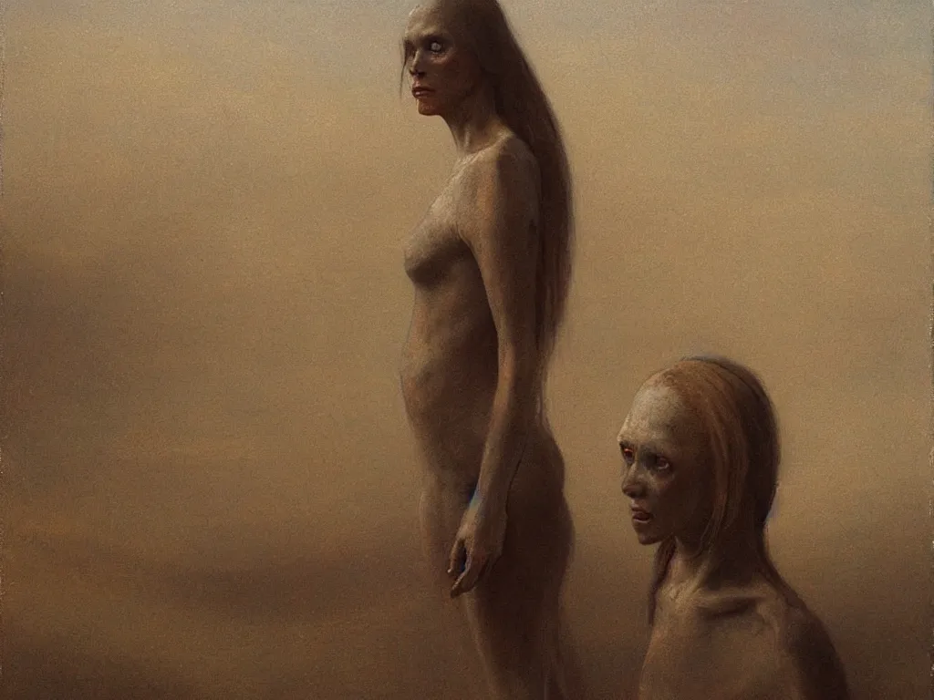 Image similar to Portrait of an alien woman living in aurora deserted dried riverbed. Painting by Odd Nerdrum