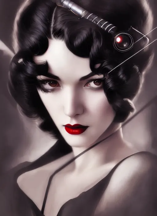 Image similar to high angle photo of a dark haired woman from 2 0 s decade of xx century with robotic eyes, gloomy atmosphere, film noir realistic, sharp focus, 8 k high definition, insanely detailed, intricate, elegant, art by stanley lau and artgerm