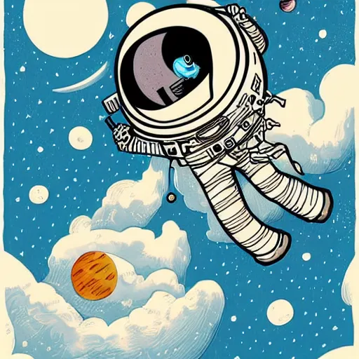 Image similar to colorful pixar, mcbess illustration, an astronaut drifting through space