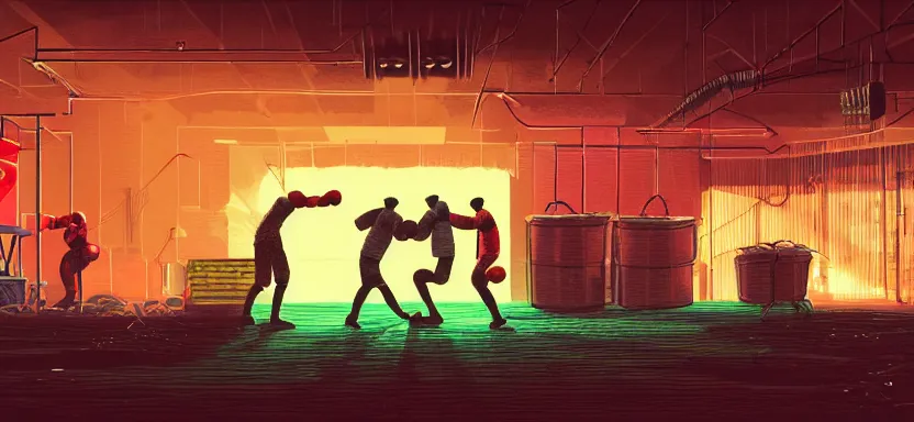 Image similar to handmade illustration of a boxing match in an industrial room, line art, octane render with volumetric lighting, miniatures by wes anderson, cedric peyraavernay, waste processing machinery, bladerunner, green and red radioactive swamp, by Remedios Varo and Anato Finnstark and Greg Rutkowski, dayglo pink, dayglo blue, by Craig Mullins, ilya kuvshinov, krenz cushart, artgerm, 8k, trending on ArtStation