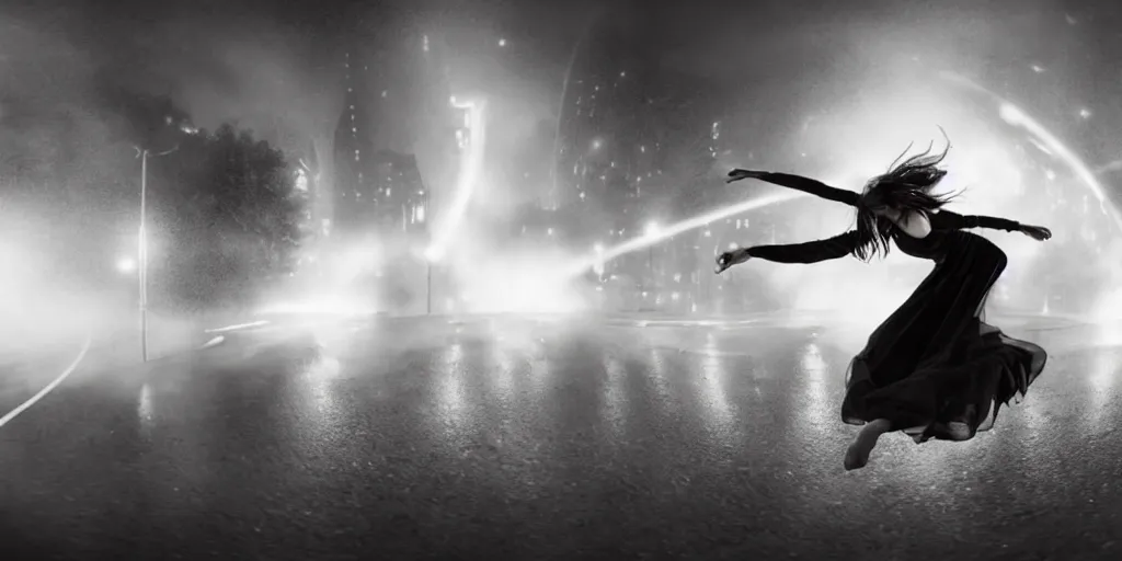 Prompt: slow motion with trail effect of futuristic break dancer wearing floating long dress, long exposure shot , at night in the middle of a rainy street, paddle of water, steam, fog, water splashes, rim lights, glossy reflections, water droplets on lens, octane render, dark and dramatic, detailed and soft, 10mm fisheye