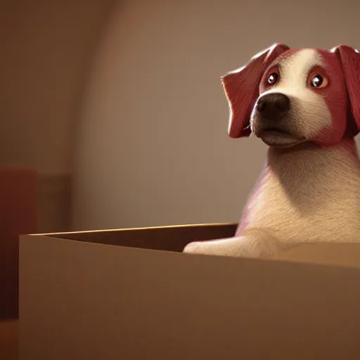 Image similar to dog character, in a box, small puppy, rich dog, high quality, 3 d render, dog in mountain, soft, concept art, intricate details, highly detailed, colorful, photorealistic, disney pixar, octane render, iridescent, anime, 8 k