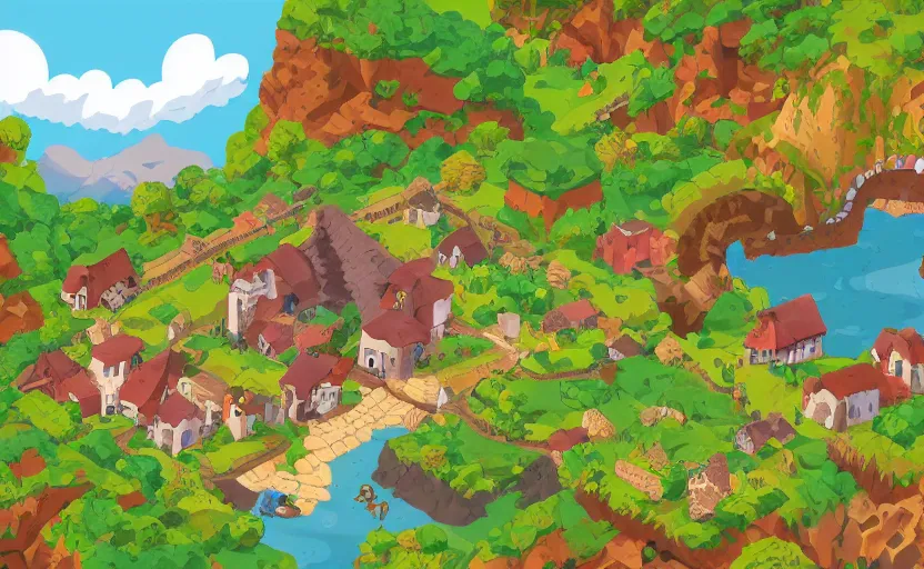 Image similar to a small village in a valley, villagers busy farming, a dragon approaching from a distance, storybook, gouache, flat, concept art, pixel art