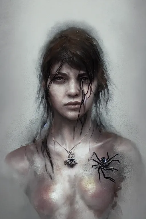 Image similar to A portrait of a women wearing a spider pendent by Greg Rutkowski, Sung Choi, Mitchell Mohrhauser, Maciej Kuciara, Johnson Ting, Maxim Verehin, Peter Konig, Resident evil , 8k photorealistic, cinematic lighting, HD, high details, dramatic, atmospheric , trending on artstation