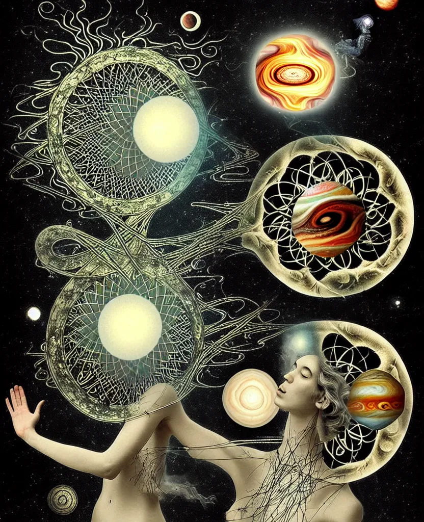 Prompt: whimsical uncanny creature alchemizes unique canto about'as above so below'being ignited by the spirit of haeckel and robert fludd, breakthrough is iminent, glory be to the magic within, to honor jupiter, surreal collage by ronny khalil