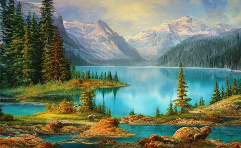 Image similar to beautiful award winning mythical painting of a canadian lake, 4 k, ultra hd