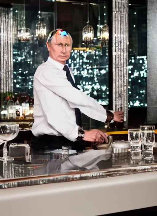 Image similar to a professional photo of person looking like vladimir putin sitting on bar, hand on table, rolex watches, taken in night club, blur background