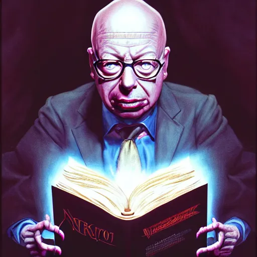 Image similar to uhd photorealistic dark scifi illustration of klaus schwab, reading necronomicon wearing bizarre voodoo makeup. cinematic lighting, in the style of akira toriyama, beksisnski, amano and karol bak, scifi, fantasy, hyperdetailed.