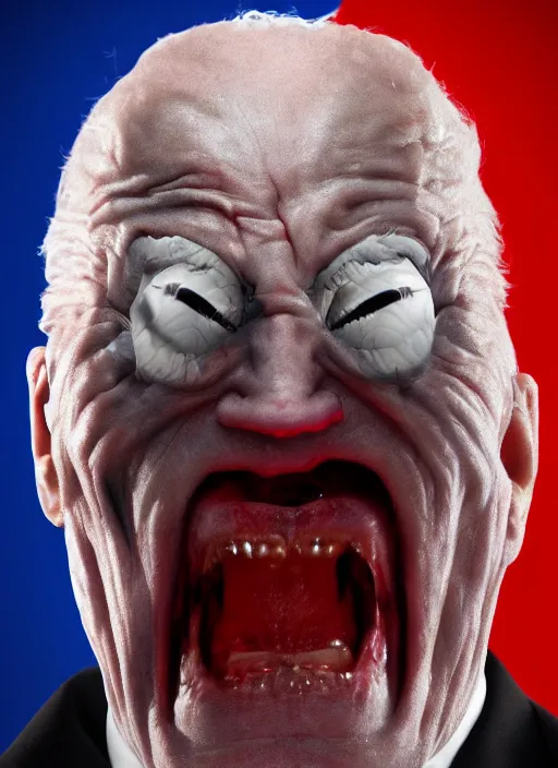 Prompt: hyper realistic ultra realistic cenobite pinhead biden photo furious yelling glowing red eyes biden, high quality photo, detailed , 8k