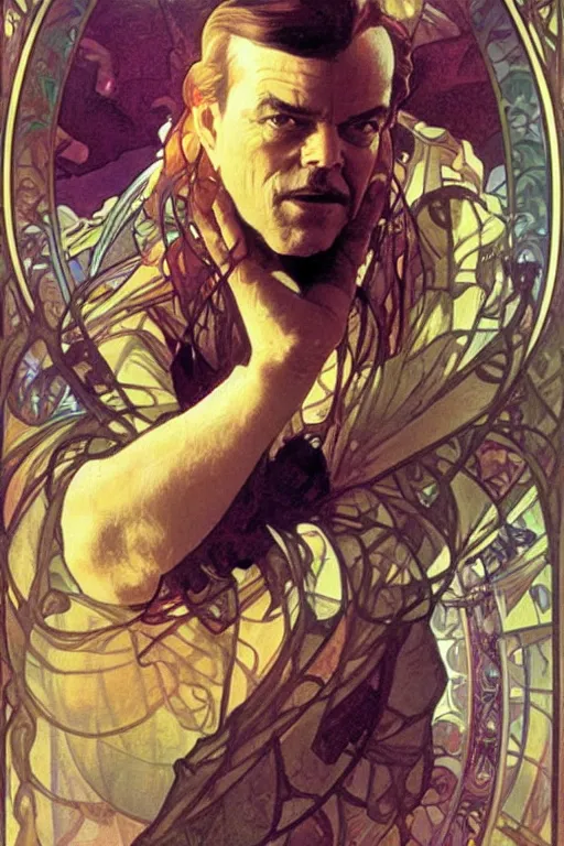 Image similar to a ship in a bottle but instead of a ship it is jack nicholson in the bottle, painting by alphonse mucha and artgerm and greg rutkowski