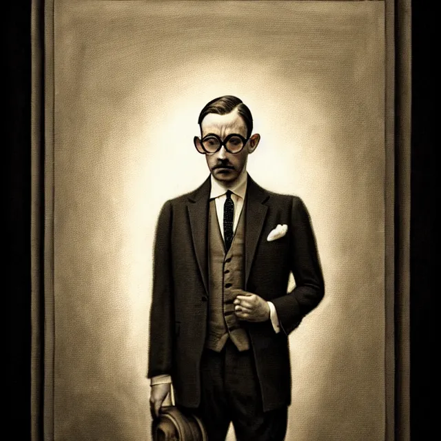 Prompt: a portrait photo of a 1 9 2 0 s concerned man in a suit with round glasses looking to his right, atmospheric lighting, painted, sepia, intricate, ultra detailed by leesha hannigan, thierry doizon, kai carpenter, well composed, best on artstation, cgsociety, epic, stunning, gorgeous, intricate detail, wow, masterpiece