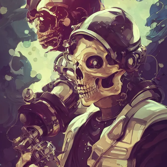 Image similar to anime skull portrait space pirate captain, futuristic science fiction, mucha, hard shadows and strong rim light, art by jc leyendecker and atey ghailan and sachin teng