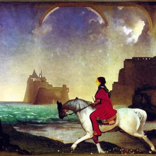 Image similar to Girl riding a horse leaving the castle through the bridge, thunderstorm, beach ocean on the background major arcana sky, by paul delaroche, alphonse mucha and arnold böcklin arnold böcklin hyperrealistic 8k, very detailed