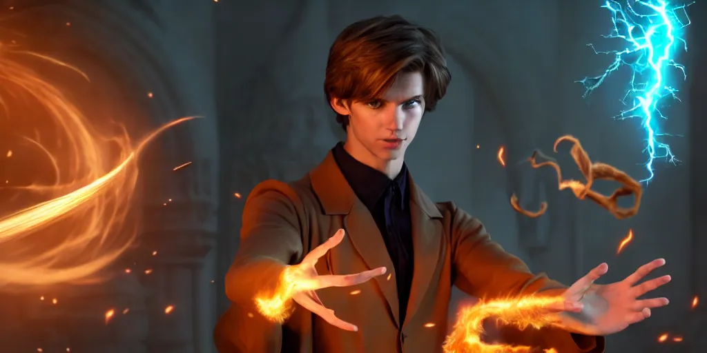 Prompt: a epic scene of a handsome young caucasian male sorcerer with brown hair casting a spell that is emanating from his hands, indoor, alchemist lab, action pose, medium shot, depth of field, sharp focus, waist up, award winning animation, pixar animation style