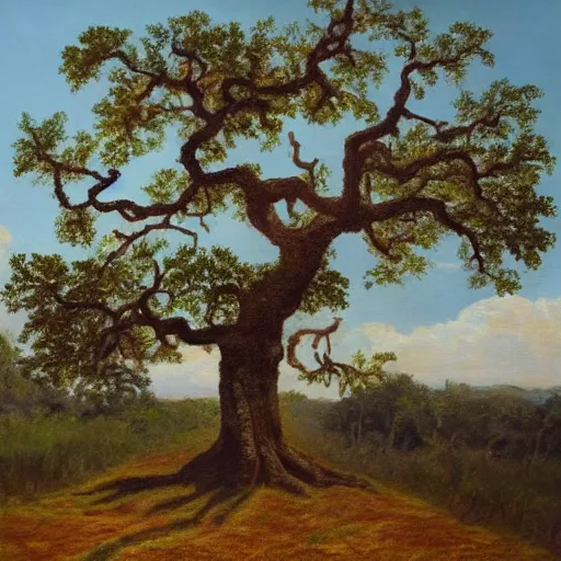 Prompt: A painting of a wizened oak tree, with the face of an old bearded man