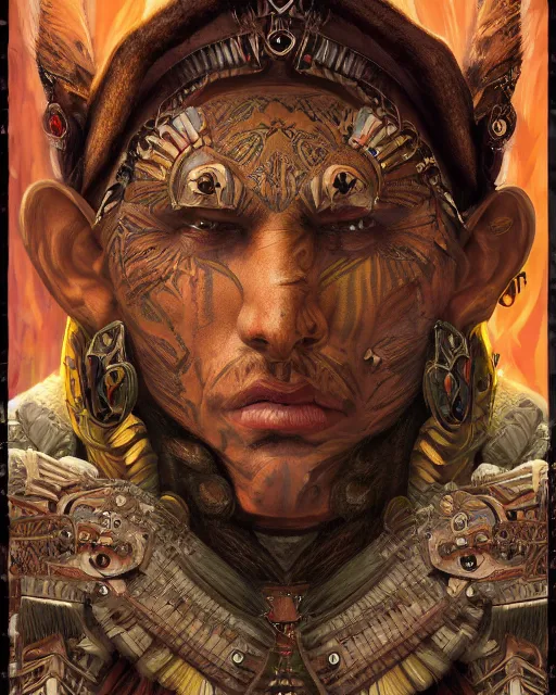 Prompt: digital painting of a warrior papalotl by filipe pagliuso and justin gerard, symmetric, fantasy, detailed, intricate, portrait, sharp focus, tarot card, handsome