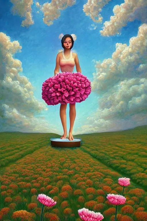 Image similar to giant carnation flower head, woman standing, surreal, clouds in sky, impressionist painting, digital painting, artstation, rob gonsalves