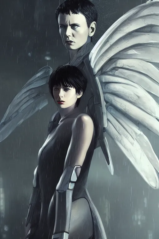 Image similar to white arc-angel with mystic robotic wings, blade runner, akira, ghost in the shell, 2077, ultra detailed, digital art, 8k ,character ,realistic, portrait, hyperrealistic