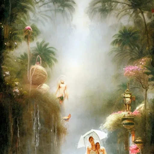 Image similar to monsoon on tropical island, endowed oriental goddess in white, elegant, frontal, ornate, beautiful, atmosphere, vibe, mist, coconuts, rain, wet, pristine, puddles, melting, dripping, snow, creek, lush, ice, bridge, forest, roses, flowers, by stanley artgerm lau, greg rutkowski, francisco de goya