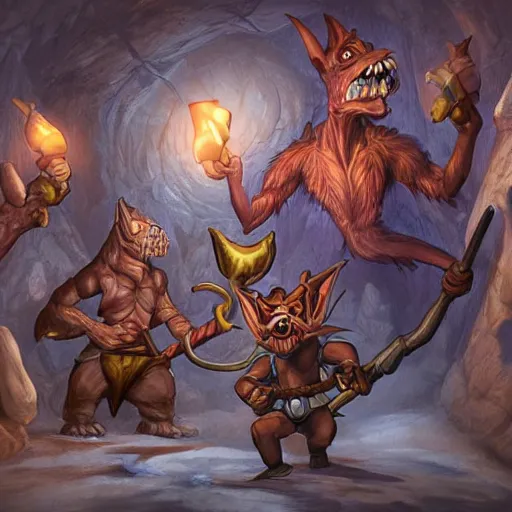 Image similar to D&D, a group of kobolds digging in a tunnel by torchlight, artwork by Artgerm, Don Bluth