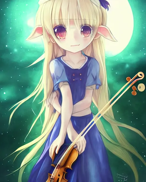 Image similar to chibi, cute, big eyes, full body, elf girl with white skin and golden long wavy hair, holding a violin and playing a song, stunning art style, filters applied, lunar time, night sky, trending art, sharp focus, centered, landscape shot, fate zero, simple background, studio ghibly makoto shinkai yuji yamaguchi, by wlop