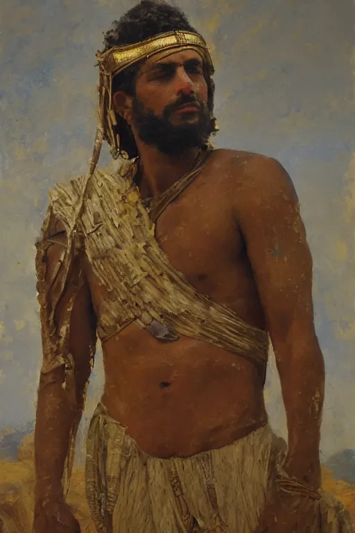 Image similar to highly detailed palette knife oil painting of a historically accurate depiction of the ancient biblical egytian prince Joseph, thoughtful, by Peter Lindbergh, impressionistic brush strokes, painterly brushwork