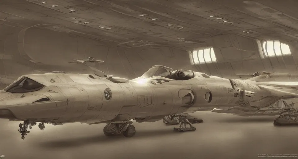 Image similar to inside the hangar of a starship, pilots run towards a fighter craft, photo sepia tone, realistic, detailed, hyperrealistic, dark sci - fi, by rutkowski, 8 k, artstation