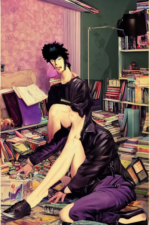 Prompt: goth guy sitting on the floor of a cluttered 9 0 s bedroom reading a book by rolf armstrong, vaporwave colors, lo - fi, concept art, smooth, detailed, toon shading, cel shading, animation, 4 k, hd,