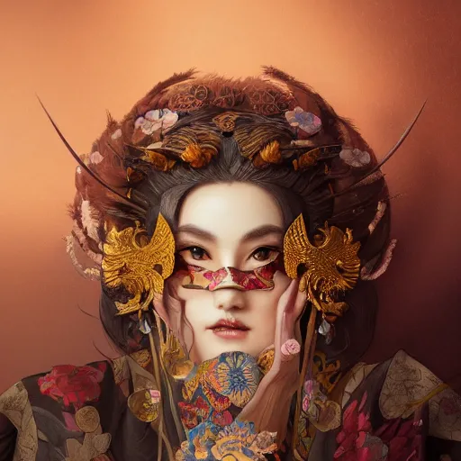 Image similar to a photorealistic dramatic fantasy render of a beautiful woman wearing a beautiful intricately detailed japanese monkey kitsune mask and clasical japanese kimono by wlop, artgerm, greg rutkowski, alphonse mucha, beautiful dynamic dramatic dark moody lighting, shadows, cinematic atmosphere, artstation, concept design art, octane render, 8 k